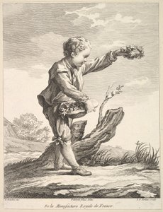 Liten pojke som håller en krans och en korg med blommor, från Deuxième Livre de Figures d