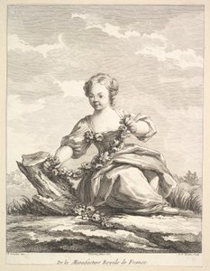 Liten flicka som håller en krans av blommor, från Second Book of Figures efter..., efter 1757.