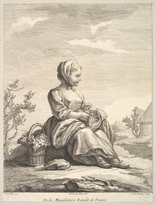 Liten flicka som håller vindruvor med en korg med dem vid sin sida, från Deuxième Livre de..., efter 1757.