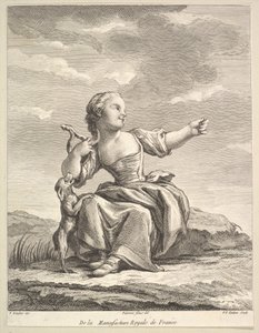 Liten flicka som leker med en hund, från Second Book of Figures efter porslinet..., efter 1757.