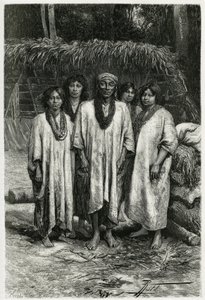Chief Lacandon och Lacandon typer, mayafolk som lever i Chiapas djungler (Mexiko). Gravyr av P. Fritel, för att illustrera berättelsen "" Resan till Yucatan och Lacandons land "", 1882, av Desire Charnay (1828-1915) arkeolog och fotograf