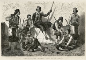 Krivoscians, bergsbestigare i Bouches de Cattaro (eller Kotor, bukten på Montenegros västra kust), vapen för att motstå kraften från intrång i de österrikiska trupperna. Gravyr efter P.Fritels teckning, för att illustrera resan till Dalmatien, av C