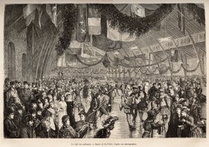 Montreals skridskoklubb, vid ett möte för en skridskokostymkväll, graverad efter en teckning av P. Fritel, som illustrerar utflykten till Kanada och Riviere Rouge du nord, av H. De Lamotte, 1873, publicerad i "Le tour du monde”” 1875, redigerad av Edo av Pierre Fritel