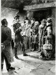 En tysk officer frågar Boulle de talg i utbyte mot friheten för alla passagerare som har arresterats i diligencen. I "" Ball of tallow"" av Guy de Maupassant (1850-1893). Illustration av P. G. Jeanniot (1848-1934). Publicerad på Ollendorff i av Pierre Georges Jeanniot