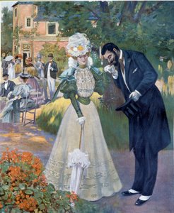 Belle epoque: "Handsex": en man som hälsar på en kvinna vid en mottagning. Illustration av Jeanniot för "" Le Figaro illustrious"" Början av 1900-talets Paris, dekorativ konst