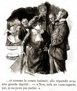 "Boule de Suif": Elisabeth Rousset vägrar att svara greven, tidigt 1900-tal (illustration) av Pierre Georges Jeanniot