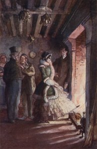 Madame Bovary gick in i köket och gick upp till den öppna spisen (färg litho)