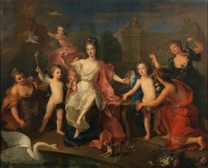 Spanska:  María Adelaida de Saboya, duquesa de Borgoña con sus hijos Hertiginnan av Burgund med sina två söner, hertigarna av Bretagne och Anjou (blivande Ludvig XV) av Pierre Gobert