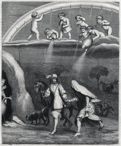 Enee och Didon överraskade av regnet i skogen. Illustration av "" Virgil transvestite"" av Paul Scarron (1610-1660), en parodi på "L