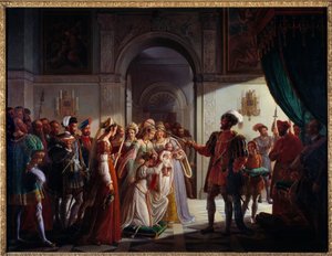 Francois I (1494-1547) beväpnade riddare hans barnbarn Francois II (1544-1560). Den unge prinsen åtföljs av sina föräldrar Henrik II (1519-1559) och Catherine de Medici (Caterina de Medici) (1519-1589). Målning av Pierre Henri Revoil (1776-1842)