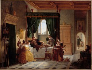 Återhämtningen av Bayard Riddaren Pierre Terrail, herre av Bayard (1476-1524) i covalescens efter belägringen av Brescia. Målning av Pierre Henri Revoil (1776-1842) 1800-talet sön. 1,35 X 1,77 m