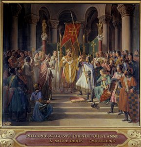 Tredje korståget: "" Kung Philip Augustus (1165-1223) tar oriflamen Saint-Denis och tar emot humlan och pelerinens pannetiere från händerna på sin farbror William Archeveque av Reims och legat av påven Clemens III, innan hans avresa för t