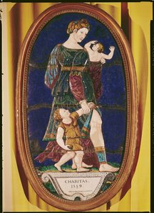 Plack föreställande Charity, Limousin, 1559 (målad emalj) av Pierre I Courteys