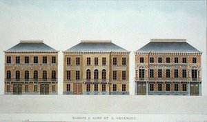 Hus i Gent och Grammont, Belgien, från "Val av de mest anmärkningsvärda monumenten, byggnaderna och husen i kungariket Nederländerna" av Pierre Jacques Goetghebuer, publicerad 1827 (akvatint)