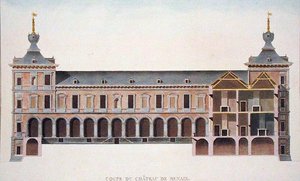 Tvärsnitt av slottet i Ronse, Belgien, från "Val av de mest anmärkningsvärda monumenten, byggnaderna och husen i kungariket Nederländerna" av Pierre Jacques Goetghebuer, publicerad 1827 (akvatint) (se även 186086)