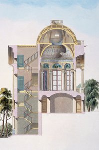 Tvärsnitt av paviljongen Hingene, nära Antwerpen, från "Val av de mest anmärkningsvärda monumenten, byggnaderna och husen i Konungariket Nederländerna" av Pierre Jacques Goetghebuer, publicerad 1827 (colo av Pierre Jacques Goetghebuer