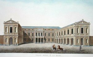 Palais Royal, Haag, från "Val av de mest framstående monumenten, byggnaderna och husen i kungariket Nederländerna" av Pierre Jacques Goetghebuer, publicerad 1827 (akvatint) av Pierre Jacques Goetghebuer