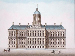 Kungliga palatset i Amsterdam, från "Val av de mest framstående monumenten, byggnaderna och husen i kungariket Nederländerna" av Pierre Jacques Goetghebuer, publicerad 1827 (akvatint) av Pierre Jacques Goetghebuer