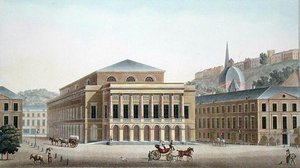 Theatre of Liege, från "Val av de mest framstående monumenten, byggnaderna och husen i kungariket Nederländerna" av Pierre Jacques Goetghebuer, graverad av författaren, publicerad 1827 (akvatint) av Pierre Jacques Goetghebuer