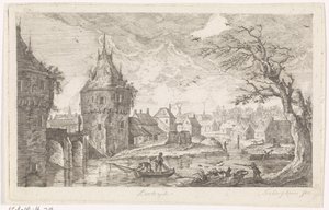 Byutsikt med fiskare av Pierre Joseph Jacques Tiberghien