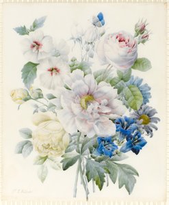 Ett knippe blommor inklusive en pion, rosor, hibiskus, asters, gentiana och en imaginär blå fjäril (grafit och wc med spår av gummi arabiskt över grafit på veläng)
