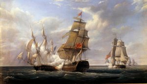 Slaget om den franska fregatten La Canonniere”” mot det engelska skeppet “” Le Tremendous”” le 21/04/1806”” Målning av Pierre Gilbert (1783-1860) 1832 Sön. 0,93x1,71 m