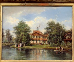Chalet av den gula dörren, restaurang på Bois de Vincennes. Målning av Justin Ovrie (1806 - 1879)