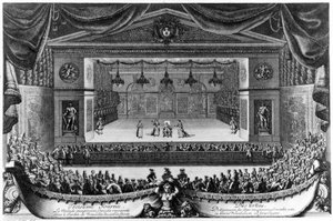 Tredje dagen: Le Malade imaginaire (av Molière), komedi representerad i Versailles trädgård framför grottan 1676, gravyr av Pierre Lepautre (1660-1744)