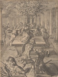 Sack of Troy-Pyrrhus Killing Priam, före 1654. av Pierre Lombart