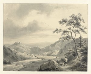 Kuperat landskap med en jägare med en hund på vägen av Pierre Louis Dubourcq