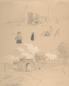 Studieblad med figurer och landskap vid Arnemuiden nära Middelburg..., mitten av 1800-talet.