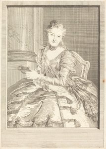 Fru de M ... i balklänning av Pierre Louis de Surugue after Charles Antoine Coypel