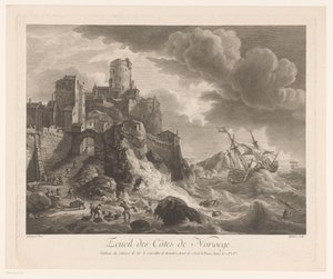 Norges kust med sjömän spolas iland Ecueil des Côtes de Norway (titel på objekt) av Pierre Maloeuvre