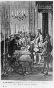 År 1747, berättas för följeslagarna, etablerade pretendenten Charles-Edward Stuart (1720-1788) ett kapitel av Rose Cross i Arras, illustration från 