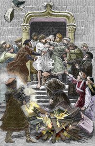 Socinianism och lilla polska kyrkan: invånarna i Krakow bränner verken av Faustus Socinus (Faust Socin eller Fausto Sozzini) (1539-1604) på det offentliga torget och tvingar honom att delta i autodafe 1598 (Socinianism och polska bröder: bränningen av