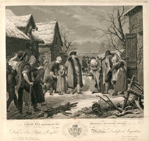 Ludvig XVI delar ut allmosor till de fattiga bönderna vintern 1788, ca. 1817. av Pierre Michel Adam