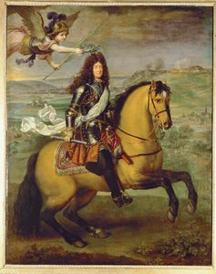 Ludvig XIV till häst, krönt av seger ... (målning på duk) av Pierre Mignard