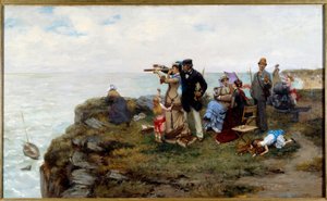 Etretats klippor Turister som går på klipporna. Målning av Pierre Otin (1840-1899) 1878 Privat samling av Pierre Outin