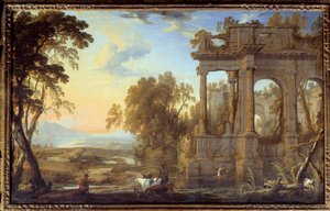 Landskap med ruiner och pastorer Målning av Pierre Patel the Pere (1605-1676) 1600-talets sön. 0,53x0,83 m