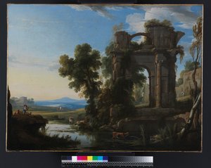 Landskap med klassiska ruiner, 1640-1645
