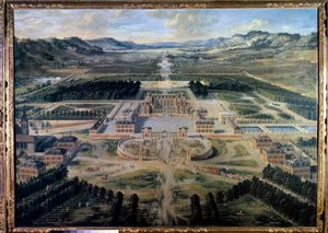 Utsikt över slottet och trädgårdarna i Versailles, tagen från Paris Avenue 1668 (olja på duk)