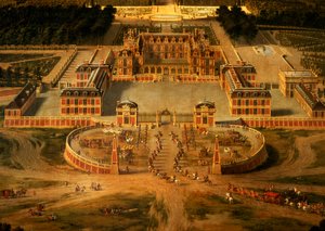 Utsikt över slottet, trädgårdarna och parken i Versailles från Avenue de Paris, detalj av slottet, 1668 olja på duk detalj av 81242