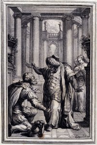 Den lilla hunden som skjuter pengar och stenar - i "" Sagor och noveller på vers"" av Jean La Fontaine. 1776. Illustration av P.P. Choffard. av Pierre Philippe Choffard
