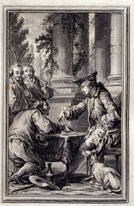 Berättelse om en bonde som hade förolämpat sin Herre - i "Berättelser och nyheter på vers" av Jean La Fontaine. 1776. Illustration av P.P. Choffard. av Pierre Philippe Choffard