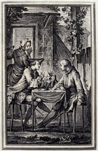 öronmätaren eller musselskrämaren. I "Tales et nouvelles en vers" av Jean de La Fontaine, Amsterdam 1776, illustrerad av P.P.Choffard.
