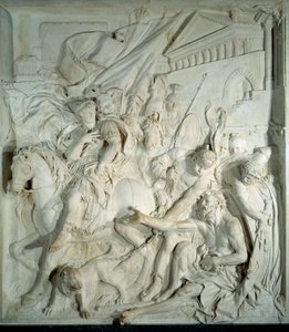 Alexander den store (356 BC-323 BC) möter den grekiske filosofen Diogene the Cynic (413 BC-327 BC) i sin tunna”” Basreliefmarmor av Pierre Puget (1620-1694) 1693. Från Salle härkomst Suisse (Louvren) ). Paris, Louvren av Pierre Puget