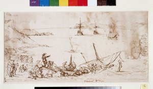 Bording av trupper i bukten i Ciotat (bläck och penna på papper) av Pierre Puget