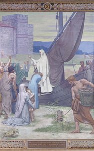 St. Genevieve tar med förnödenheter till staden Paris efter belägringen (fresk) av Pierre Puvis de Chavannes