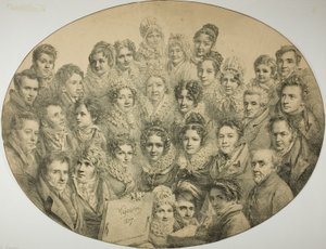 Porträtt av 31 personer i en oval av Pierre Roch Vigneron
