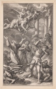 Cosmas och Damianus brann på bål, omgivna av soldater och änglar av Pierre Simon (I)